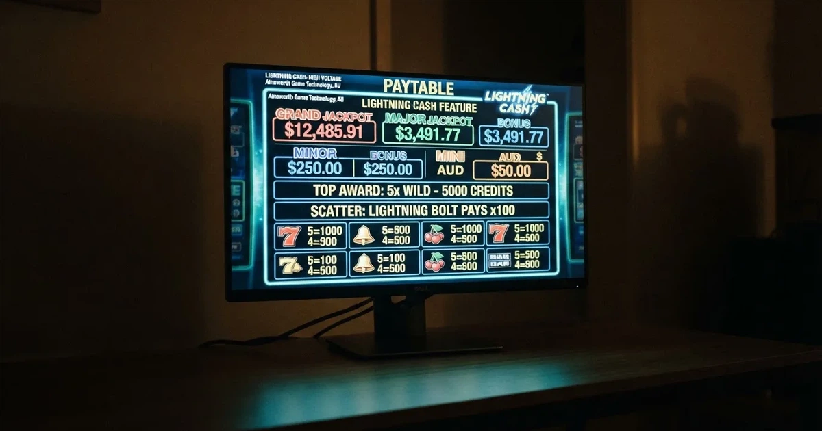 A slot machine's paytable screen glowing on a monitor in a dim room.