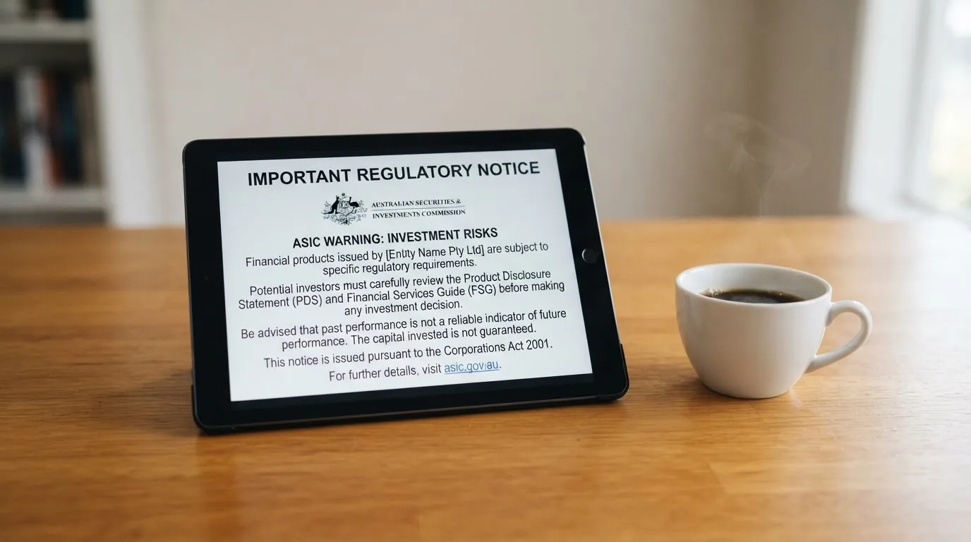 A tablet screen displaying an official regulator warning notice on a desk beside a coffee cup.