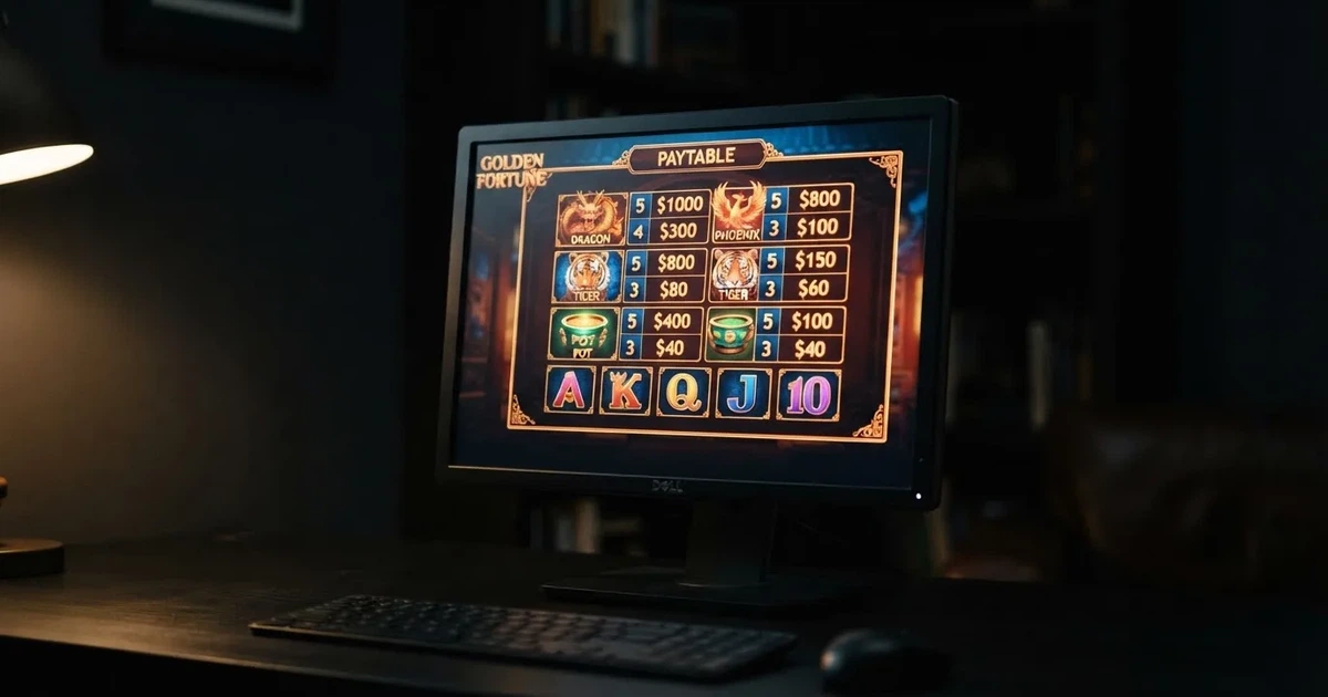 A slot machine's paytable screen glowing on a monitor in a dim room.