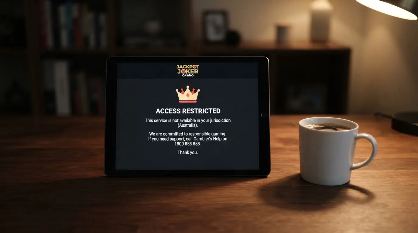 A tablet screen displaying an official regulator warning notice on a desk beside a coffee cup.
