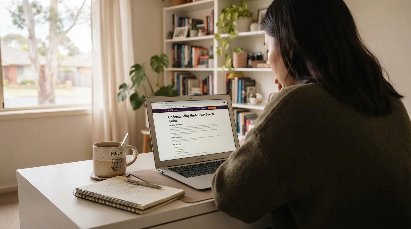 A person at a laptop reading a plain-language explainer article at a home desk.