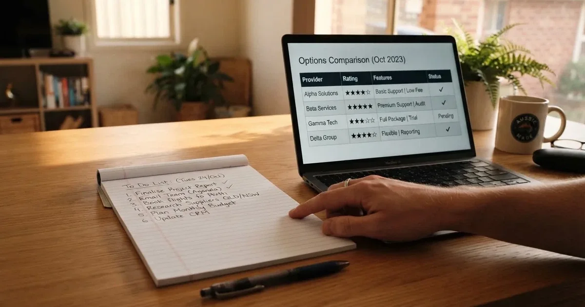 A notepad with a handwritten shortlist beside a laptop showing a comparison table.