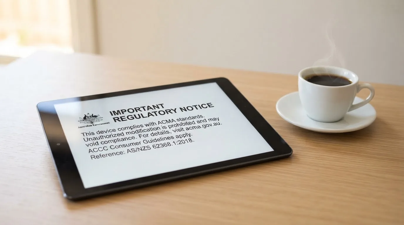 A tablet screen displaying an official regulator warning notice on a desk beside a coffee cup.
