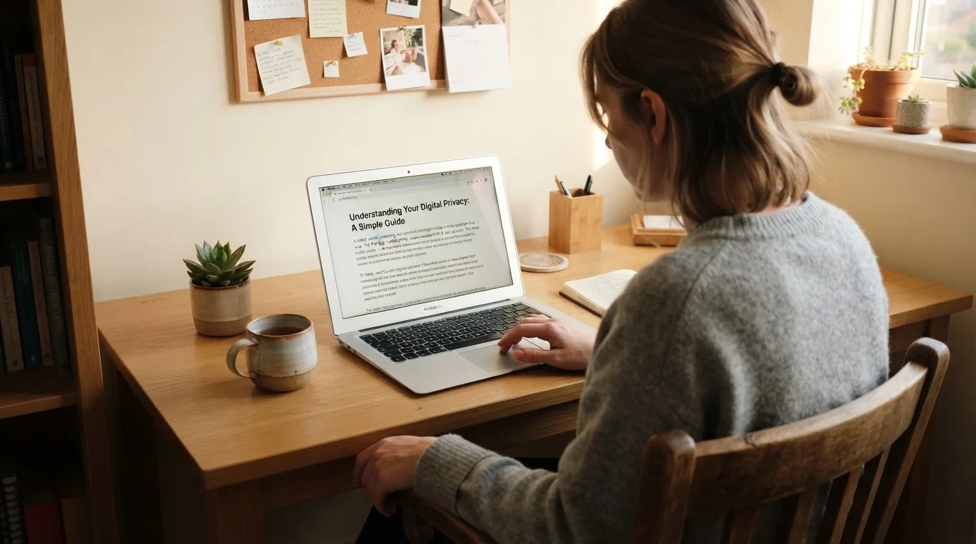 A person at a laptop reading a plain-language explainer article at a home desk.