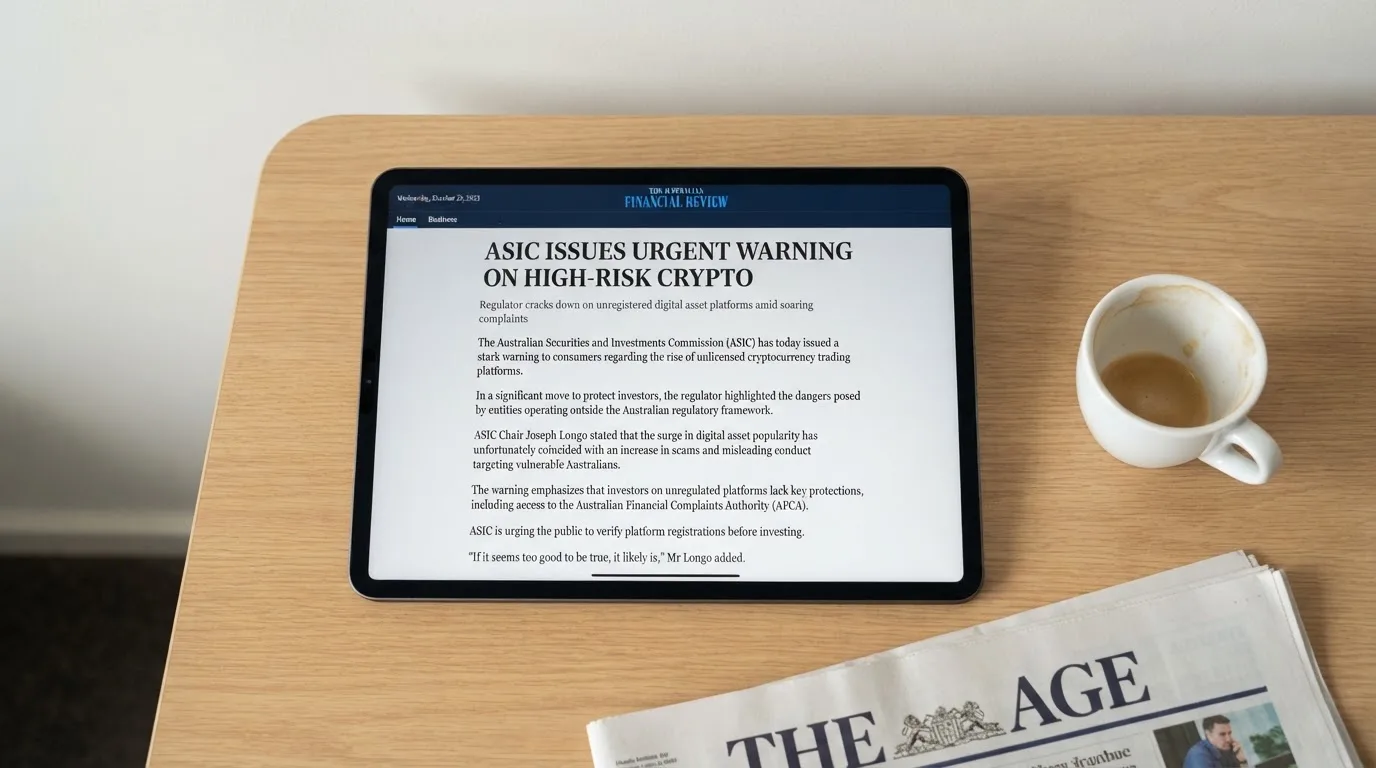 A tablet screen displaying an official regulator warning notice on a desk beside a coffee cup.
