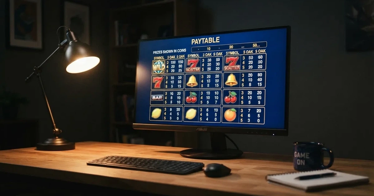 A slot machine's paytable screen glowing on a monitor in a dim room.