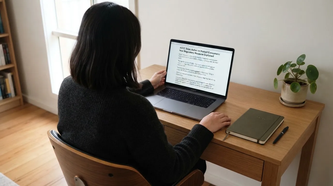 A person at a laptop reading a plain-language explainer article at a home desk.