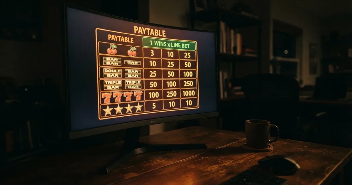 A slot machine's paytable screen glowing on a monitor in a dim room.