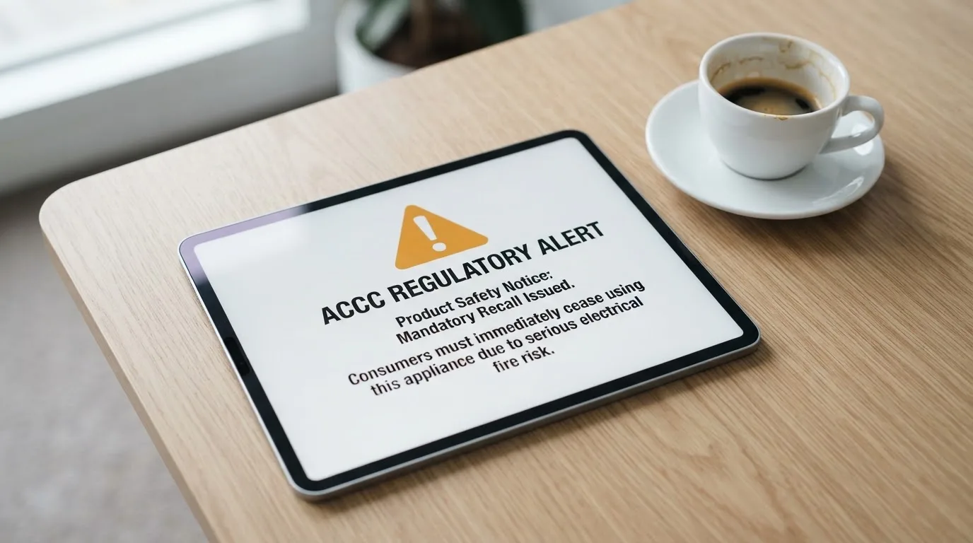 A tablet screen displaying an official regulator warning notice on a desk beside a coffee cup.