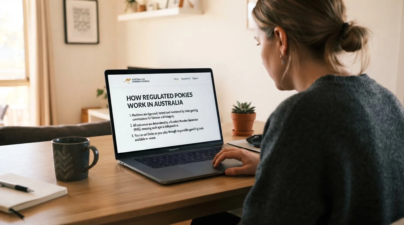 A person at a laptop reading a plain-language explainer article at a home desk.