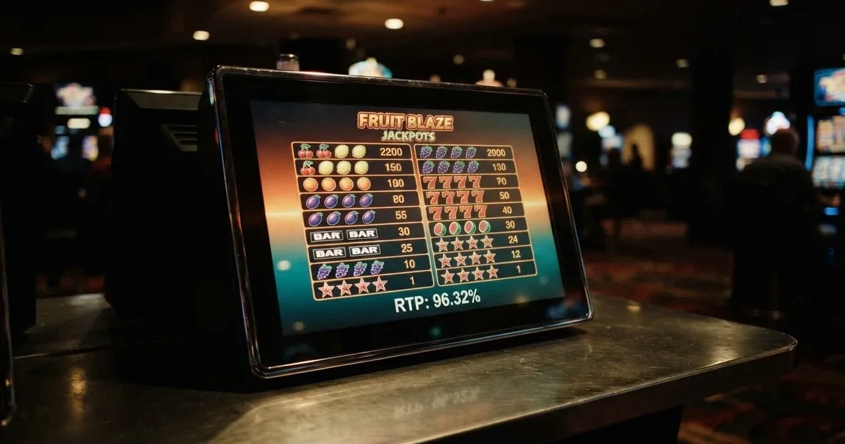 A slot machine's paytable screen glowing on a monitor in a dim room.