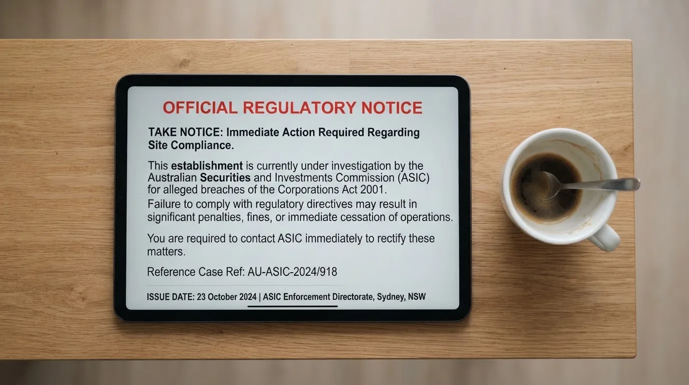 A tablet screen displaying an official regulator warning notice on a desk beside a coffee cup.