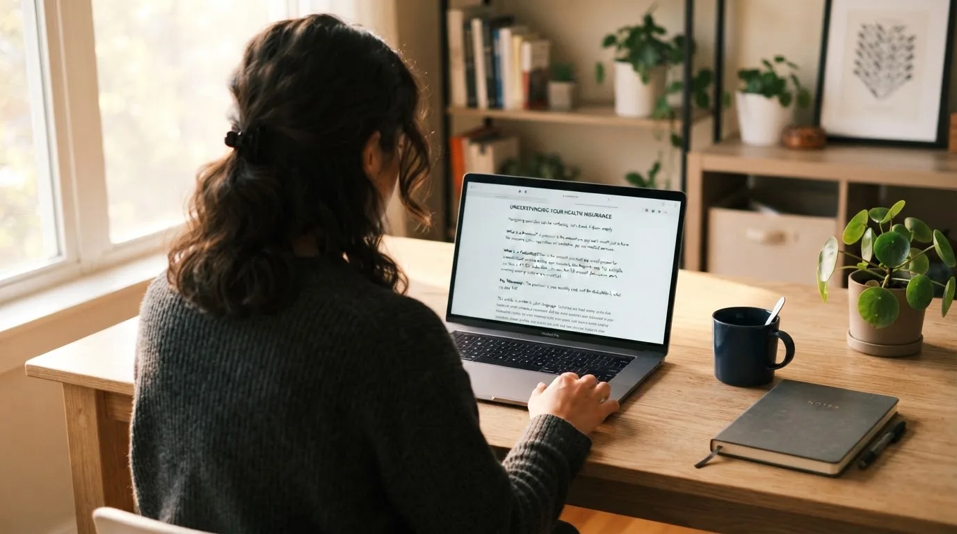 A person at a laptop reading a plain-language explainer article at a home desk.
