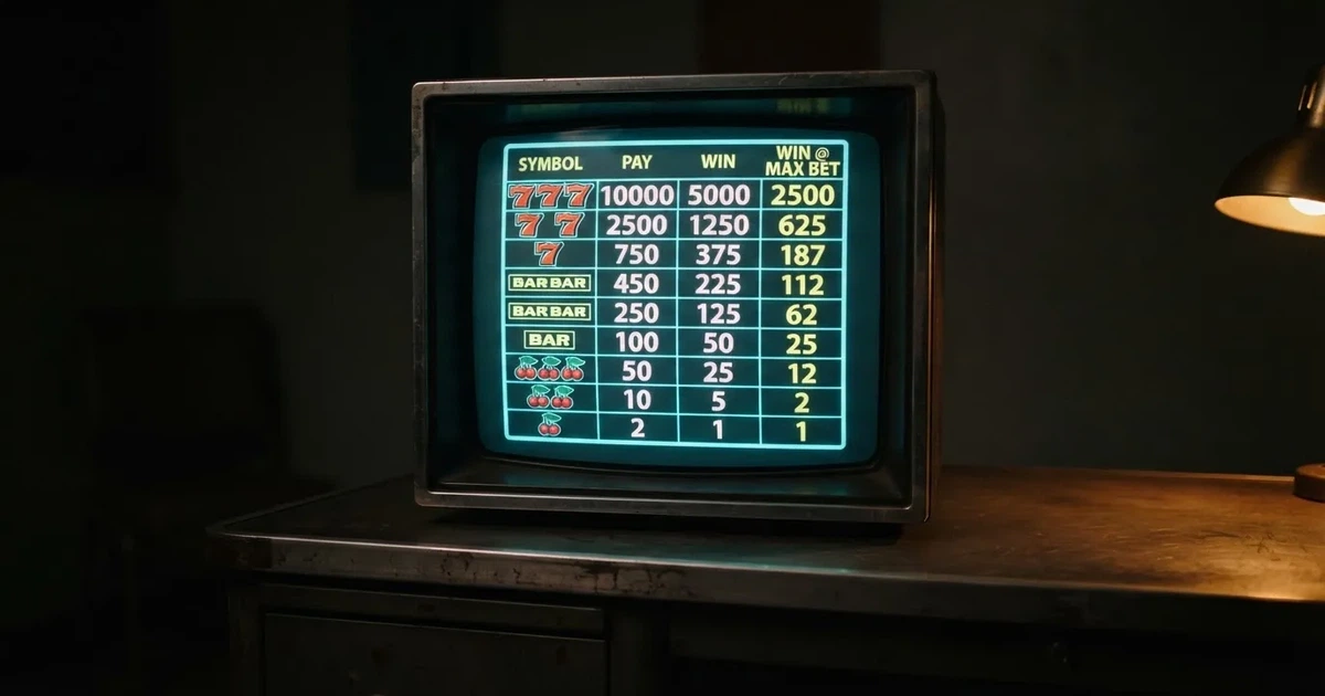 A slot machine's paytable screen glowing on a monitor in a dim room.