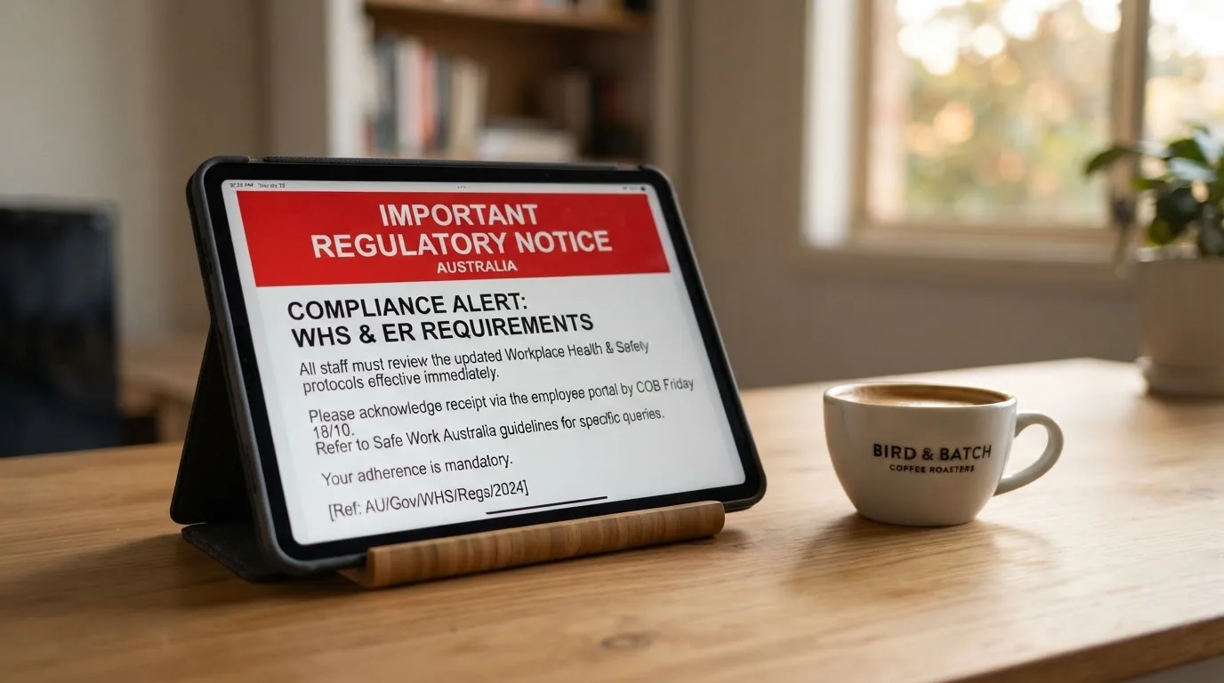 A tablet screen displaying an official regulator warning notice on a desk beside a coffee cup.