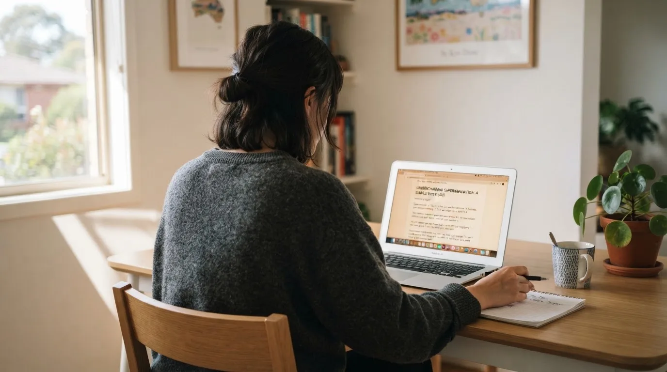 A person at a laptop reading a plain-language explainer article at a home desk.
