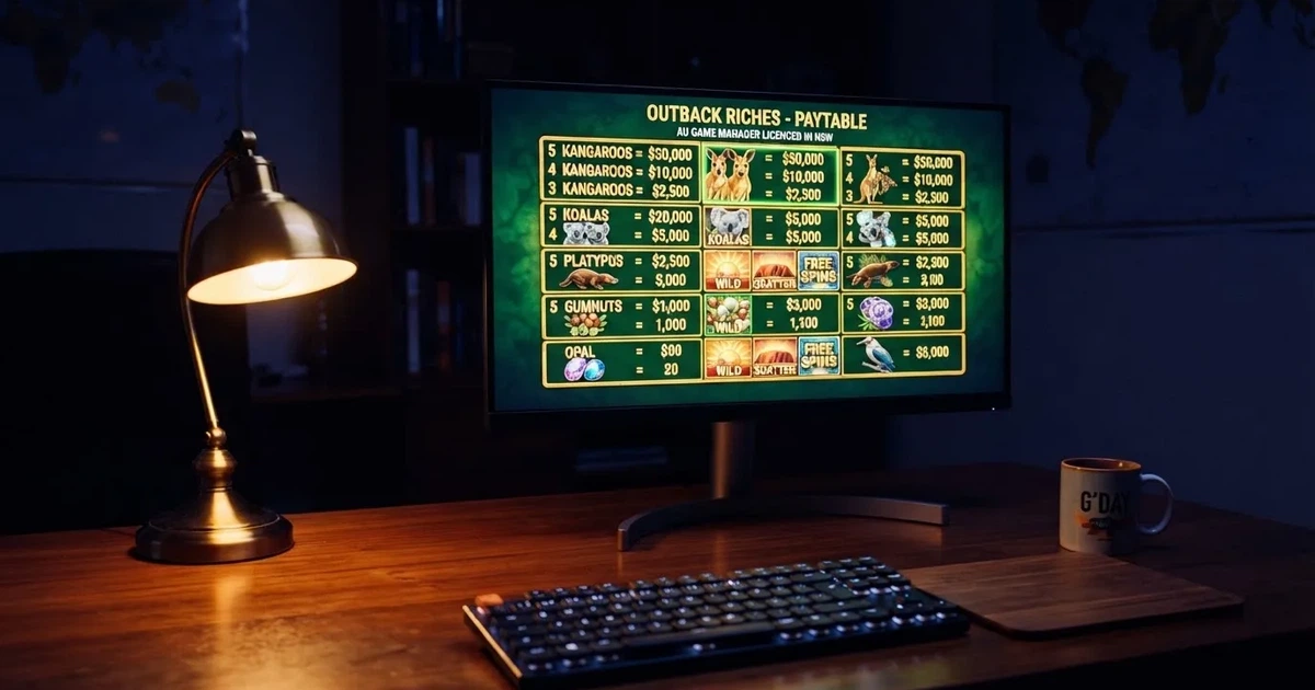 A slot machine's paytable screen glowing on a monitor in a dim room.