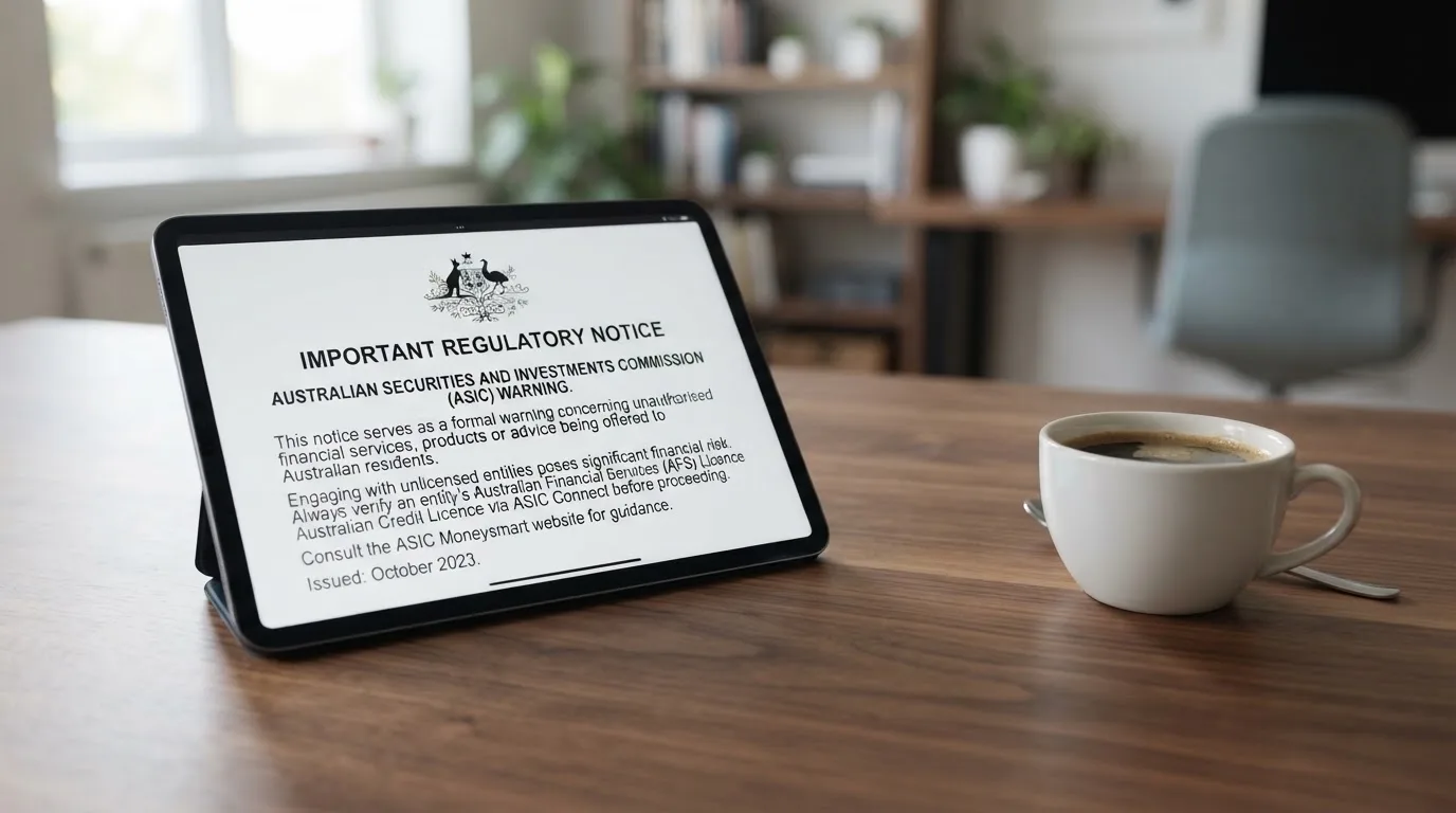 A tablet screen displaying an official regulator warning notice on a desk beside a coffee cup.
