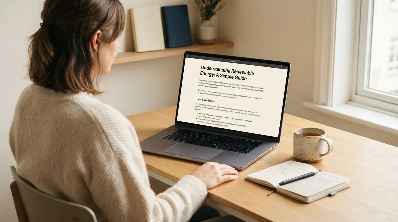A person at a laptop reading a plain-language explainer article at a home desk.