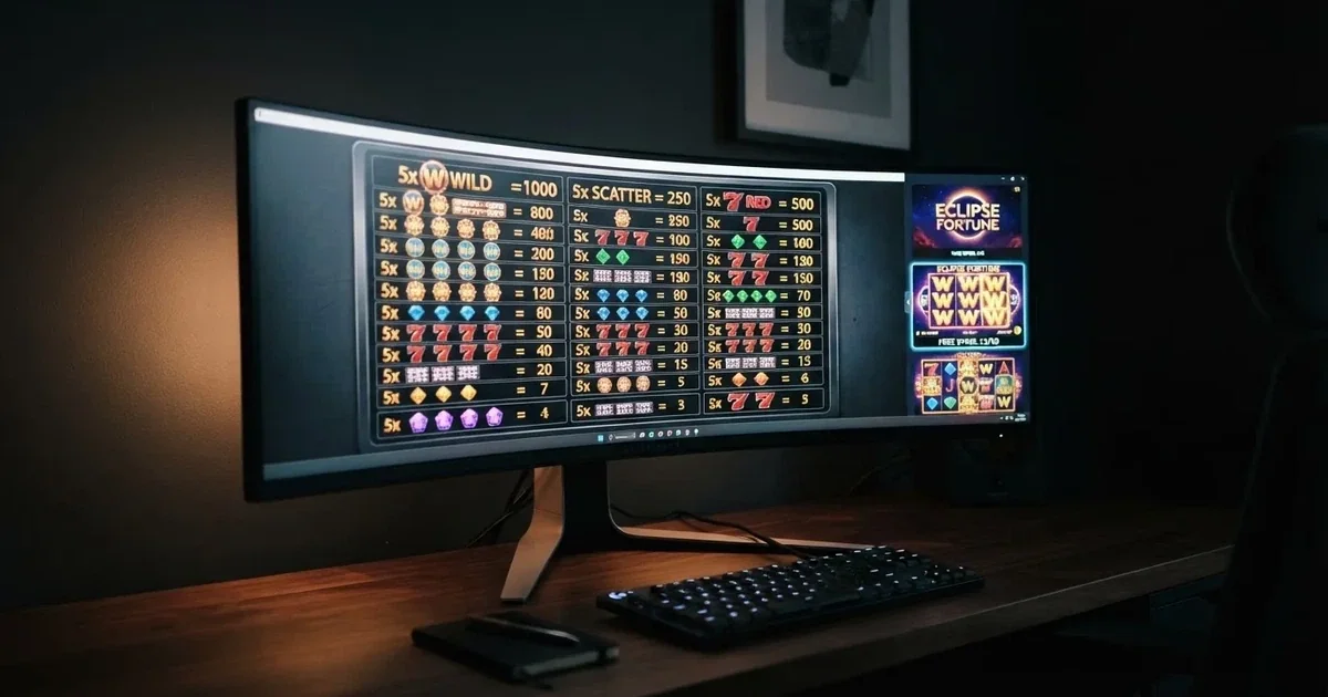 A slot machine's paytable screen glowing on a monitor in a dim room.