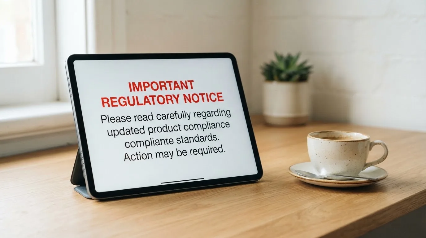 A tablet screen displaying an official regulator warning notice on a desk beside a coffee cup.