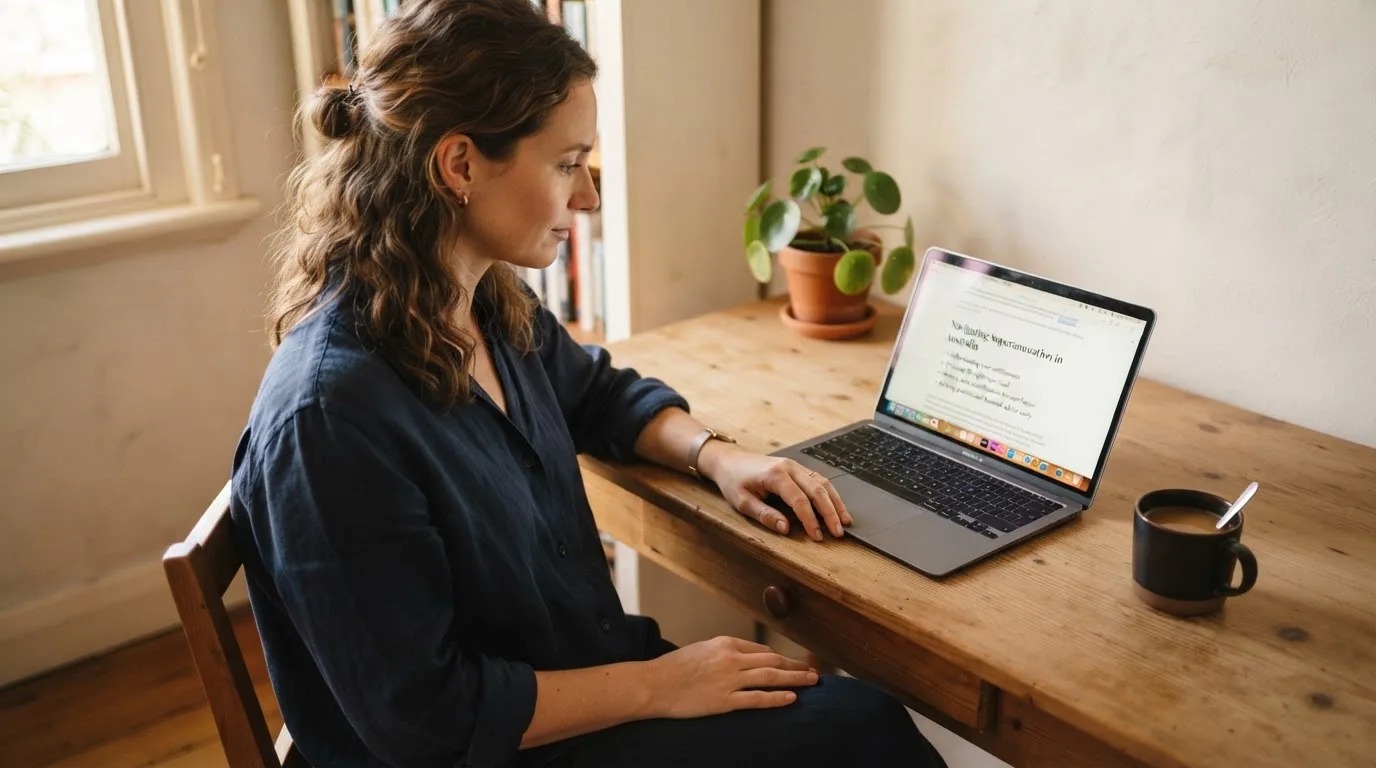 A person at a laptop reading a plain-language explainer article at a home desk.