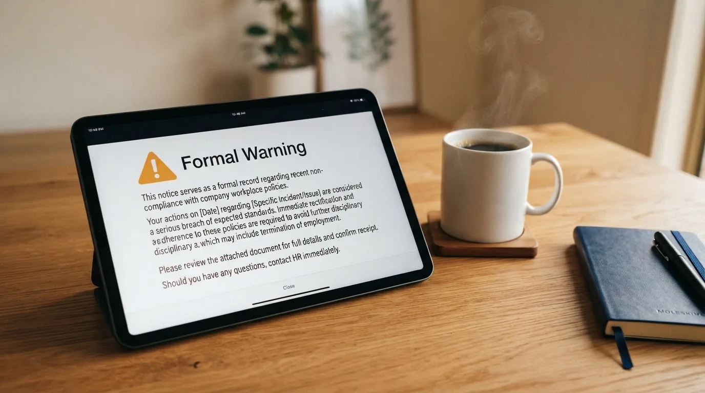 A tablet screen displaying an official regulator warning notice on a desk beside a coffee cup.