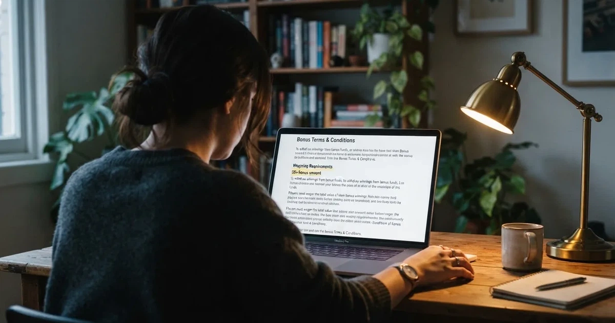A laptop screen showing a terms-and-conditions page with wagering requirements highlighted.