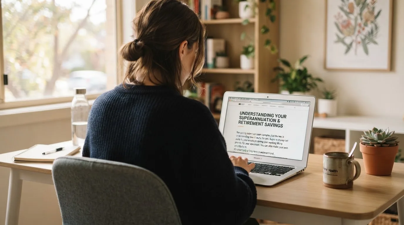 A person at a laptop reading a plain-language explainer article at a home desk.