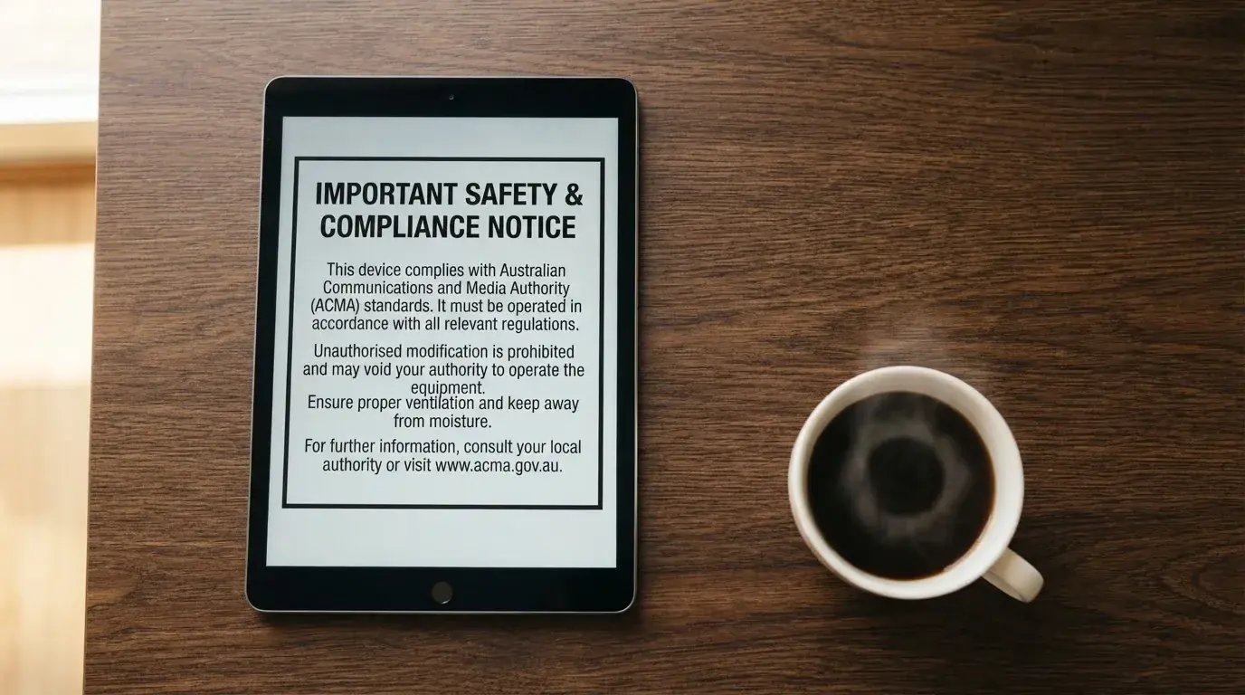 A tablet screen displaying an official regulator warning notice on a desk beside a coffee cup.