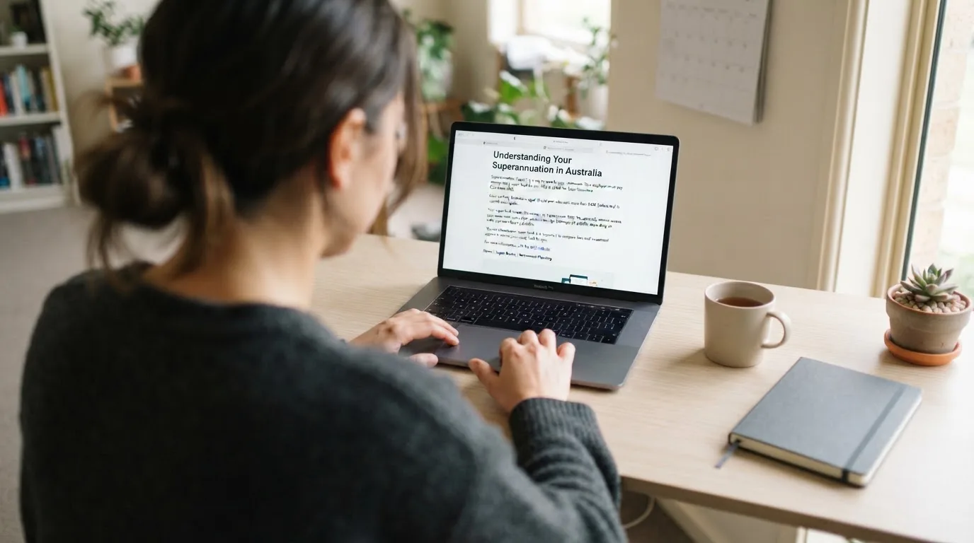 A person at a laptop reading a plain-language explainer article at a home desk.