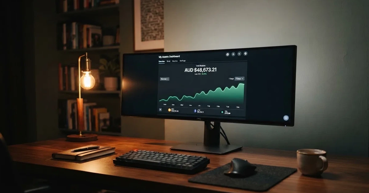 A monitor displaying a cryptocurrency wallet balance and transaction history in a home office.