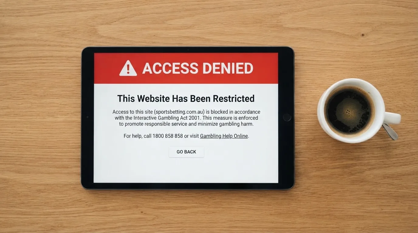 A tablet screen displaying an official regulator warning notice on a desk beside a coffee cup.