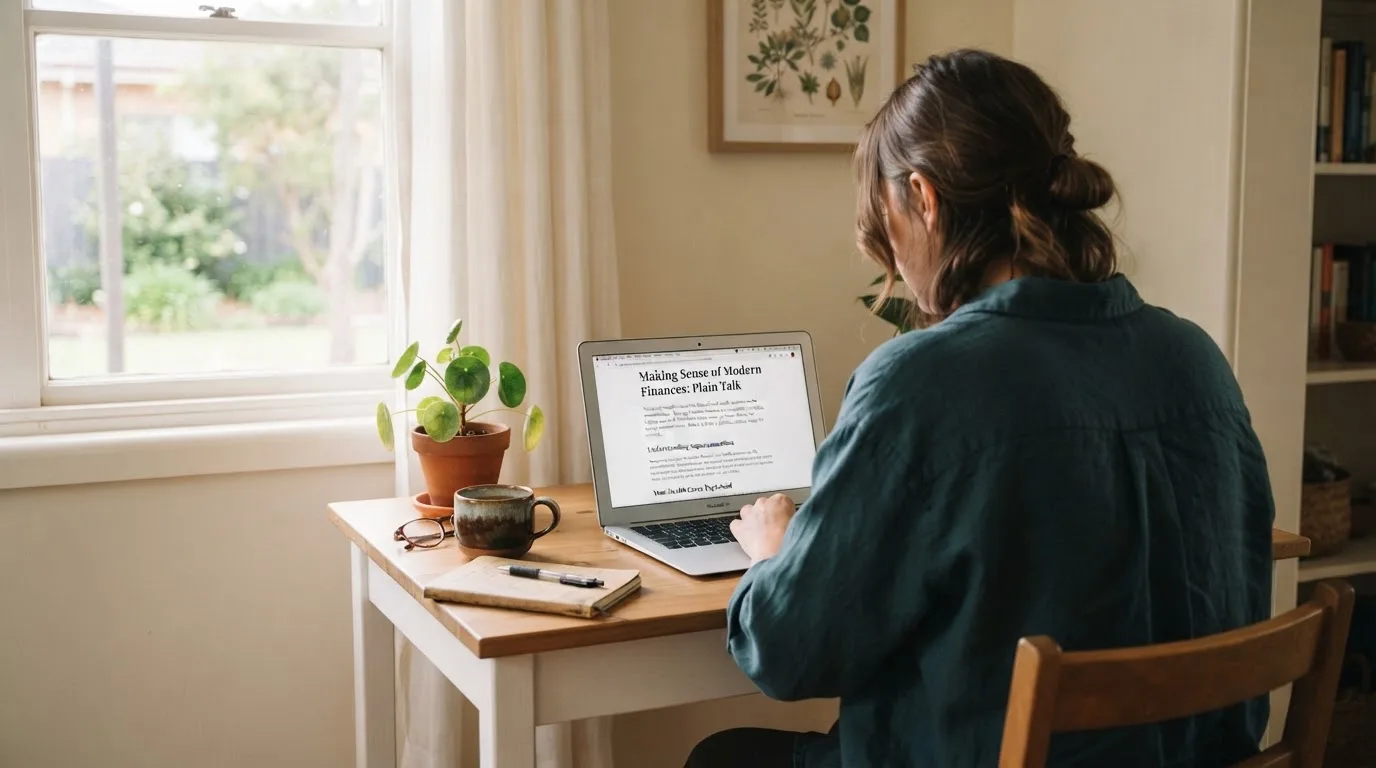 A person at a laptop reading a plain-language explainer article at a home desk.