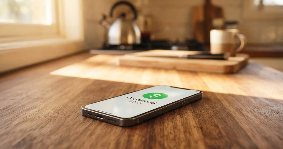 A close-up of a banking app on a smartphone showing a same-day transfer confirmation on a kitchen table.