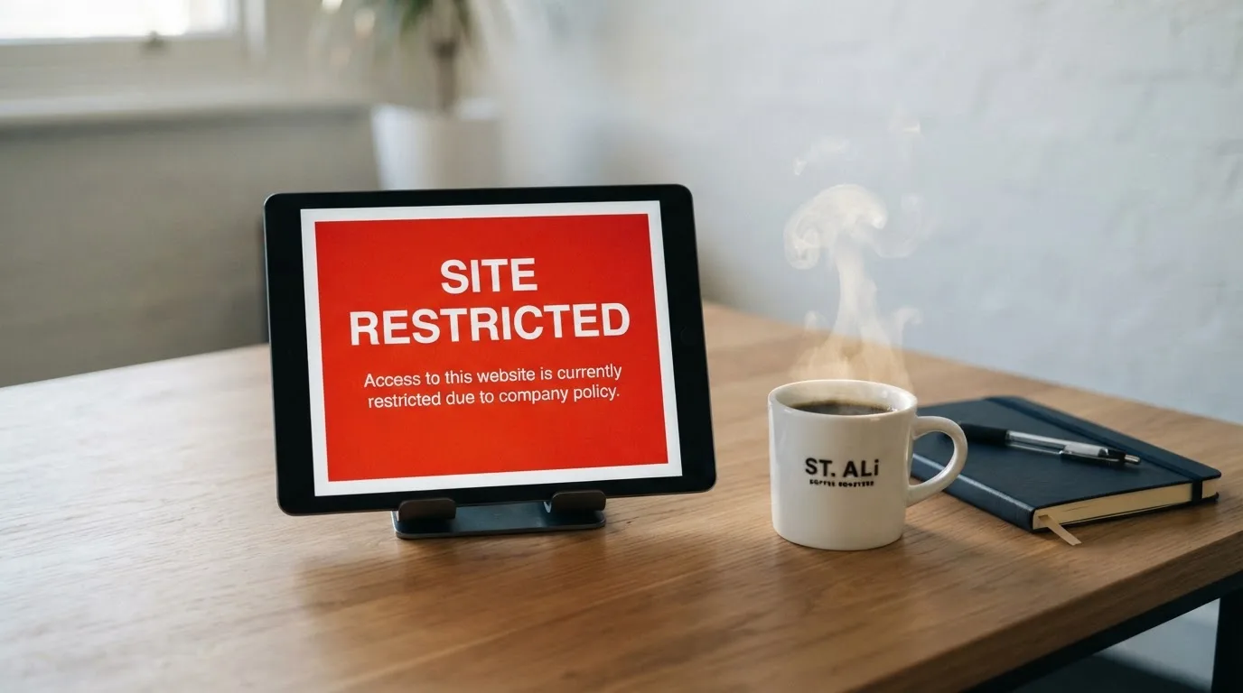 A tablet screen displaying an official regulator warning notice on a desk beside a coffee cup.