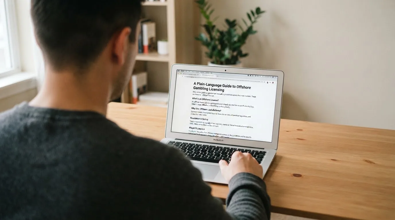 A person at a laptop reading a plain-language explainer article at a home desk.