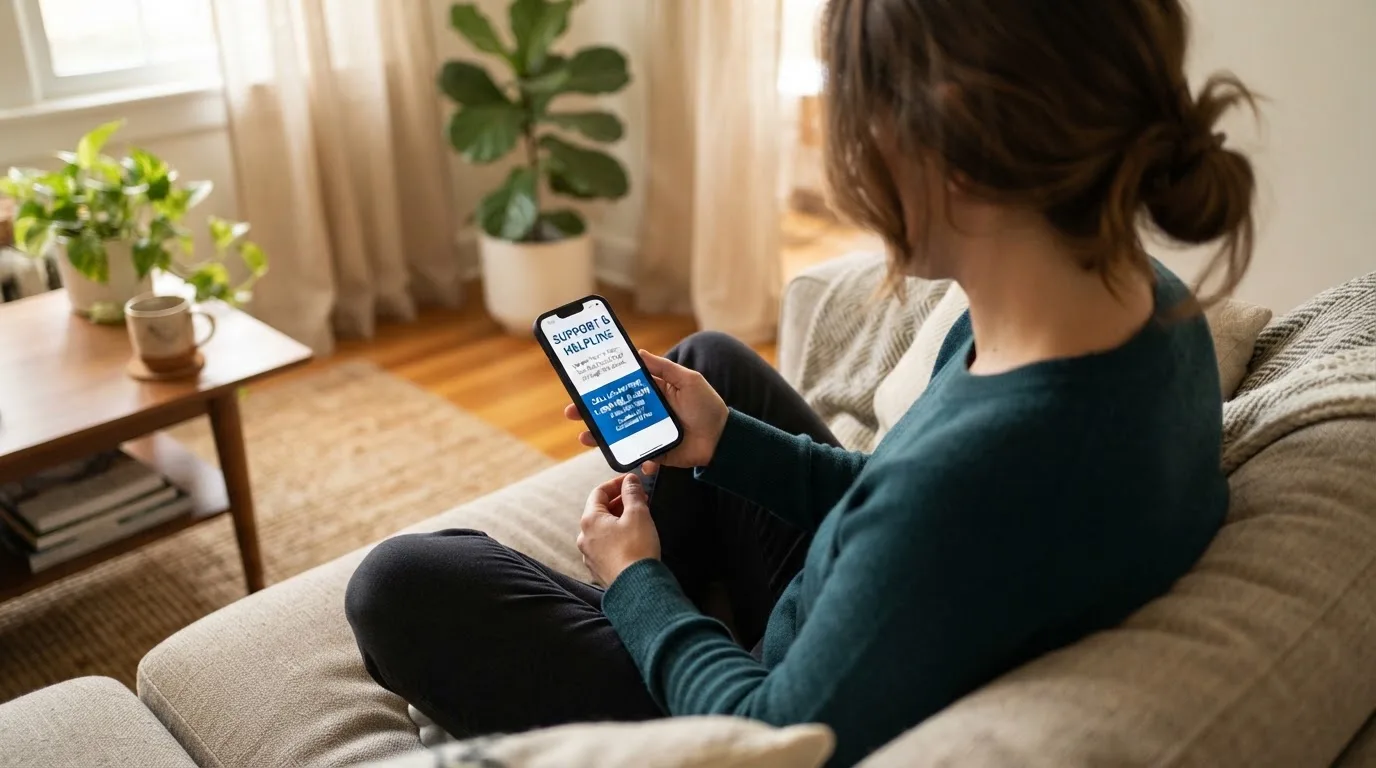 A person looking at a support helpline page on a phone while sitting on a couch.
