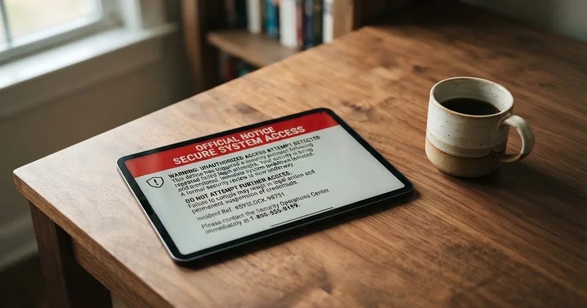 A tablet screen displaying an official regulator warning notice on a desk beside a coffee cup.