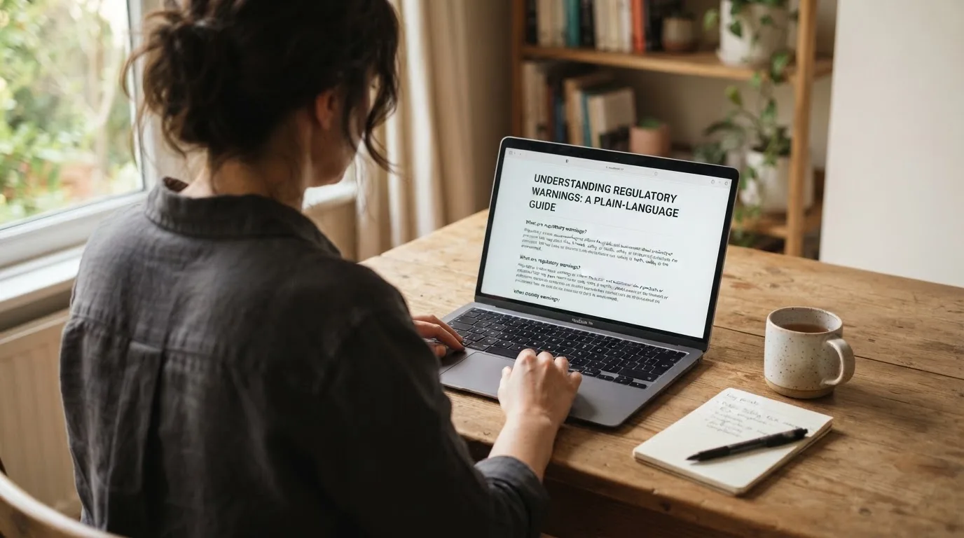 A person at a laptop reading a plain-language explainer article at a home desk.