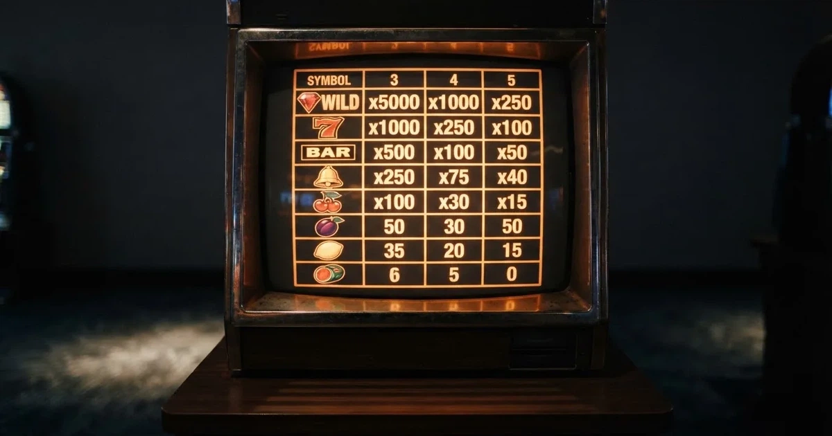 A slot machine's paytable screen glowing on a monitor in a dim room.
