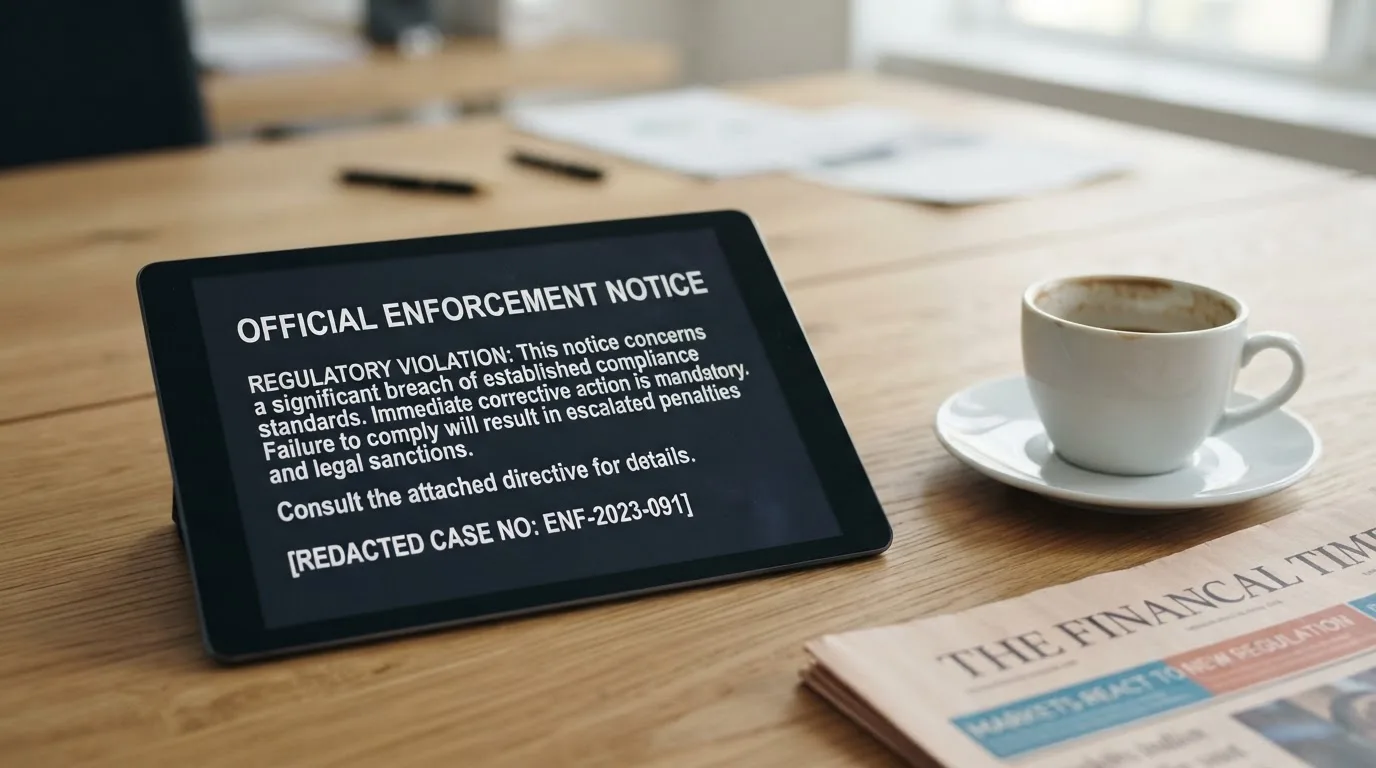 A tablet screen displaying an official regulator warning notice on a desk beside a coffee cup.