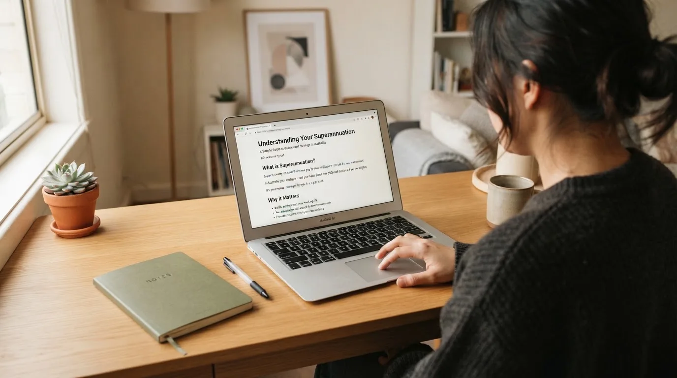 A person at a laptop reading a plain-language explainer article at a home desk.