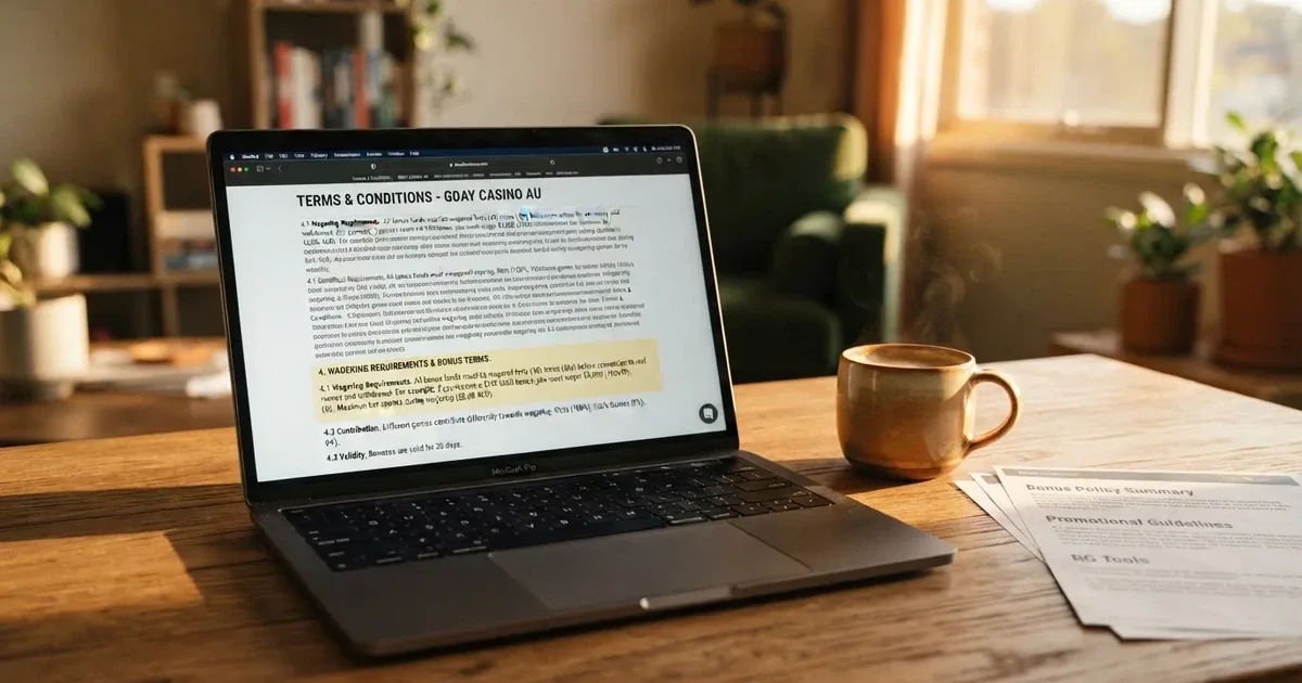 A laptop screen showing a terms-and-conditions page with wagering requirements highlighted.