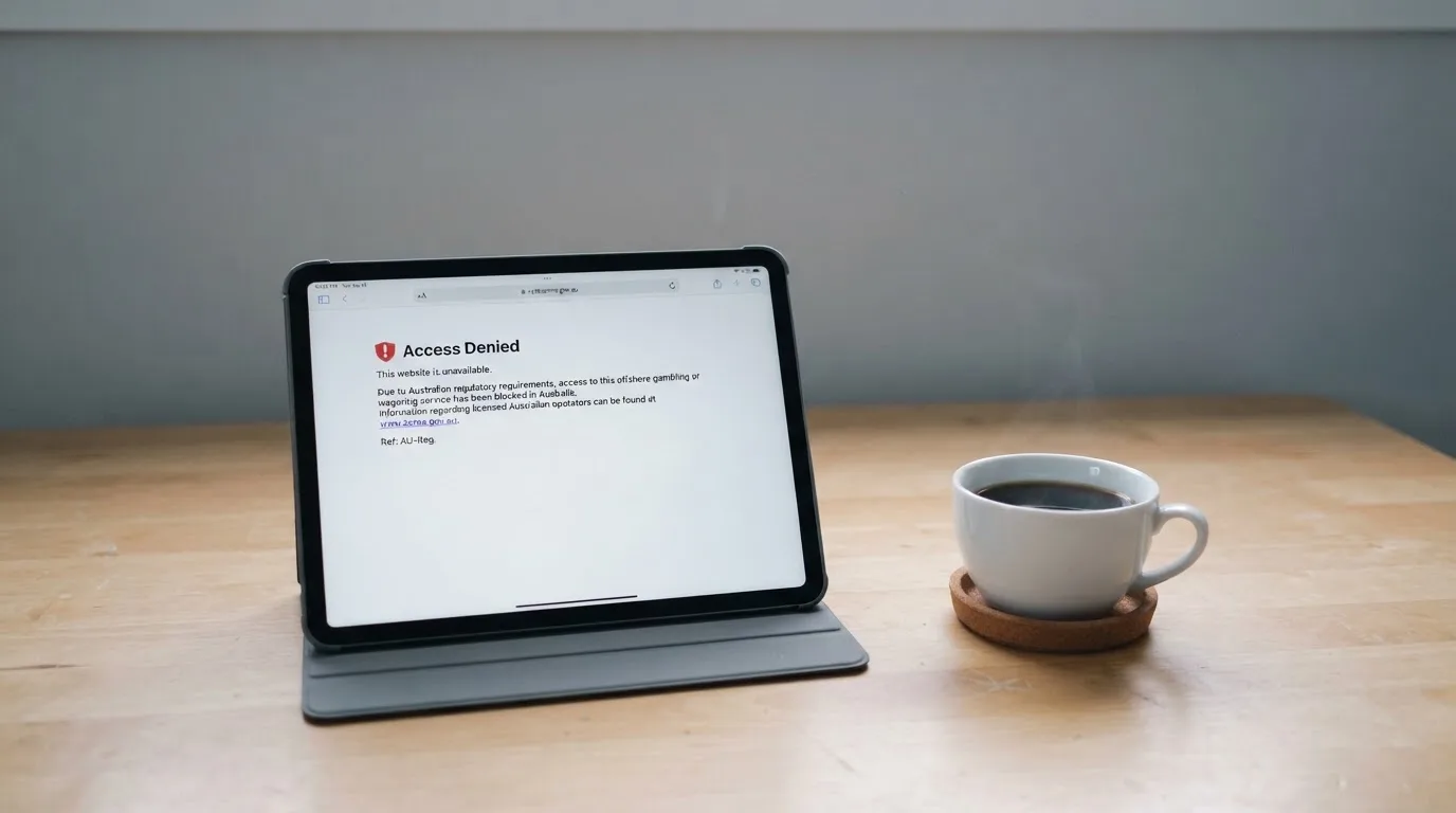 A tablet screen displaying an official regulator warning notice on a desk beside a coffee cup.