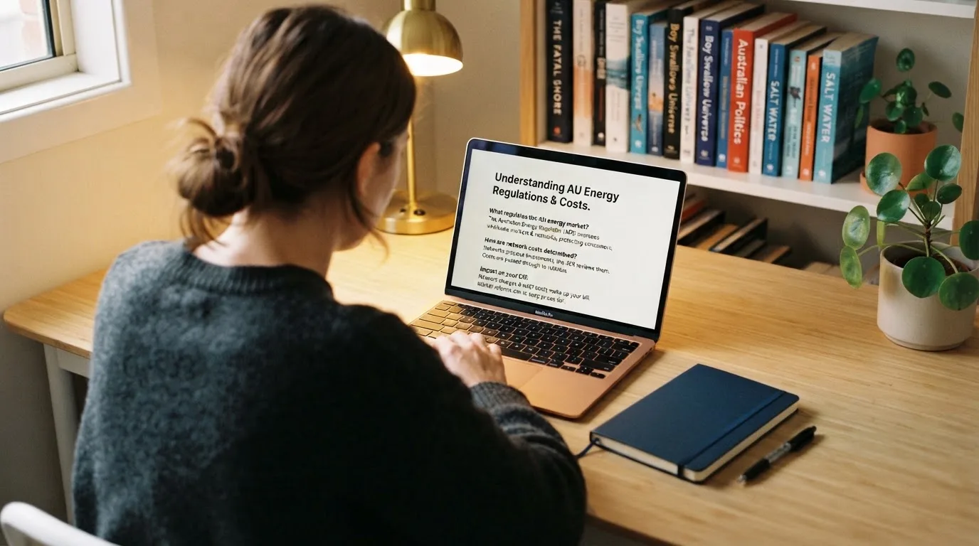 A person at a laptop reading a plain-language explainer article at a home desk.