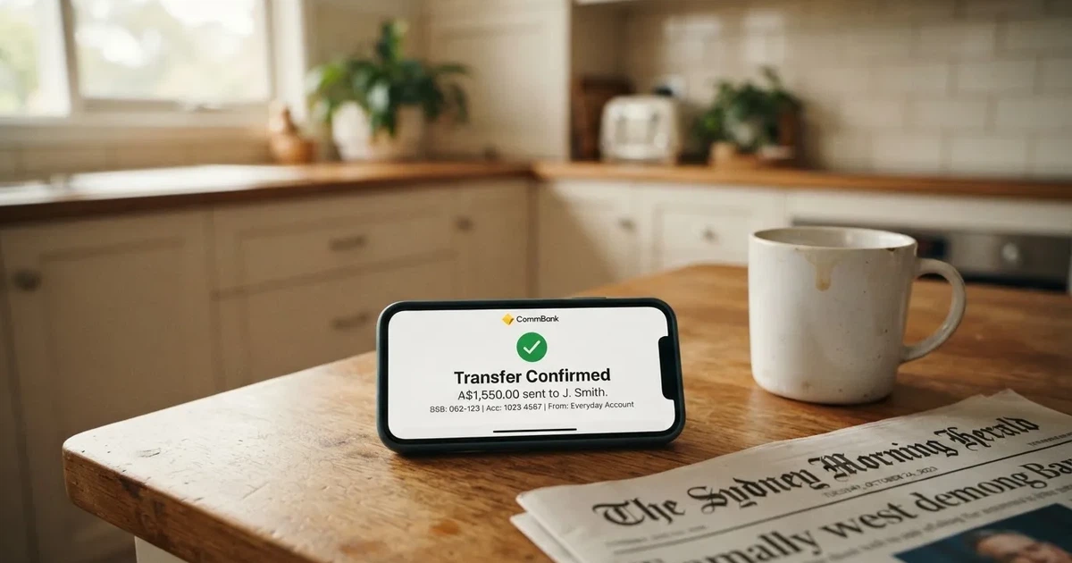 A close-up of a banking app on a smartphone showing a same-day transfer confirmation on a kitchen table.