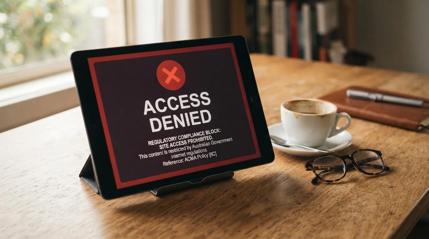 A tablet screen displaying an official regulator warning notice on a desk beside a coffee cup.