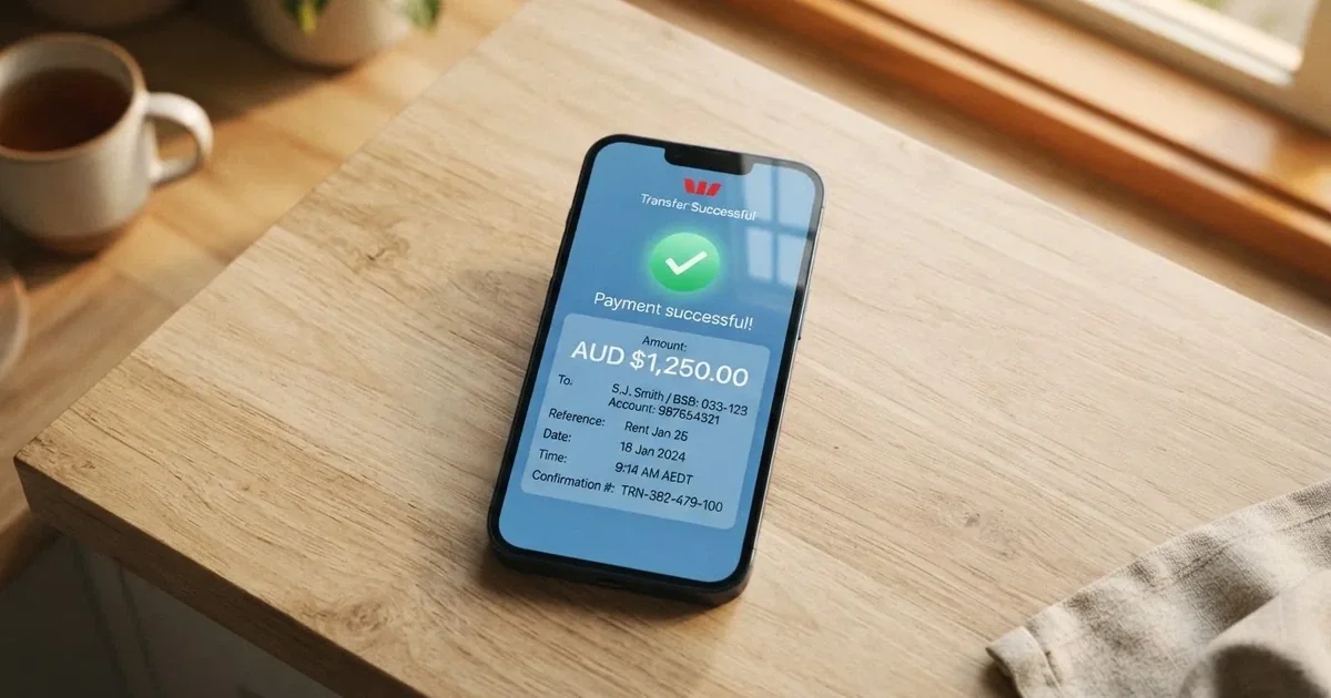 A close-up of a banking app on a smartphone showing a same-day transfer confirmation on a kitchen table.