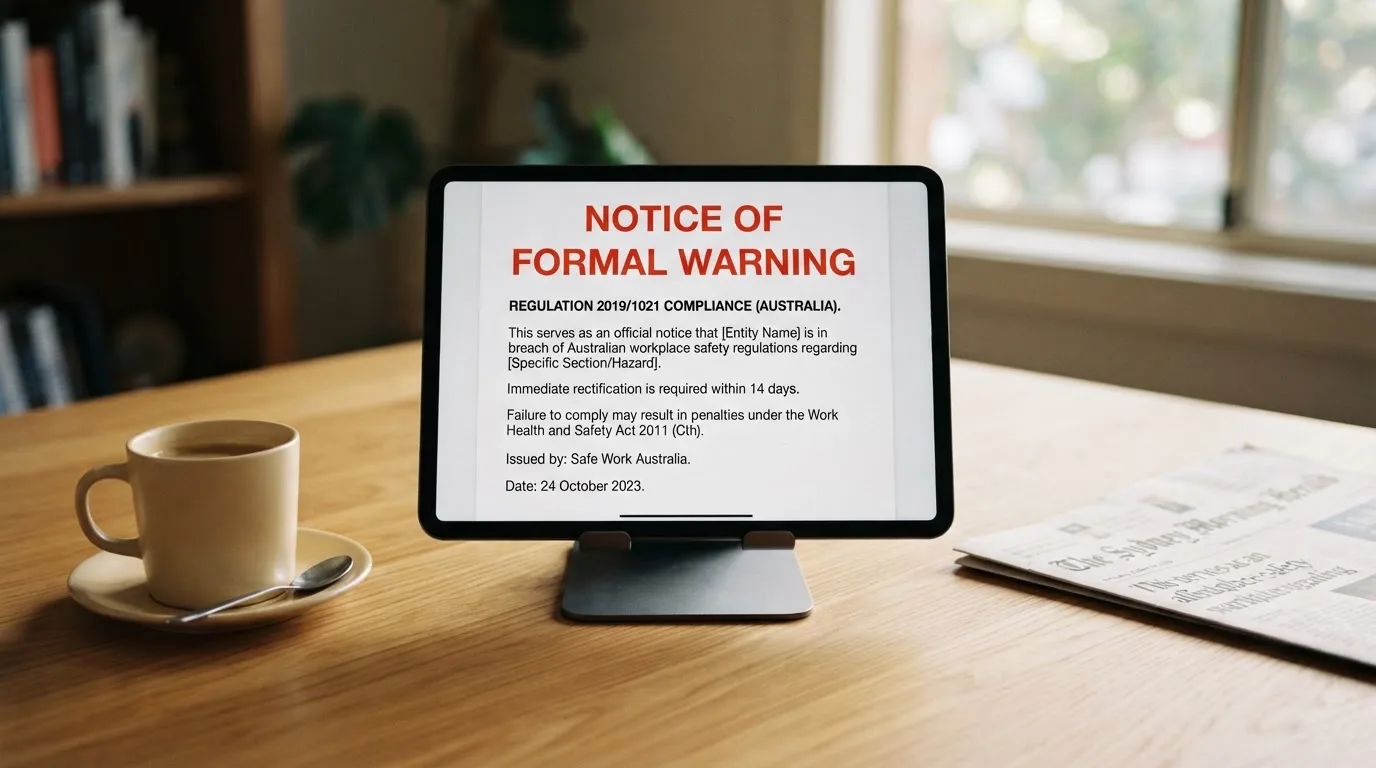 A tablet screen displaying an official regulator warning notice on a desk beside a coffee cup.